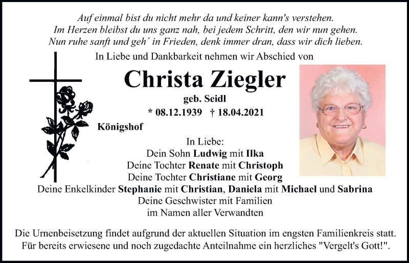  Traueranzeige für Christa Ziegler vom 20.04.2021 aus Mittelbayerische Zeitung Regensburg