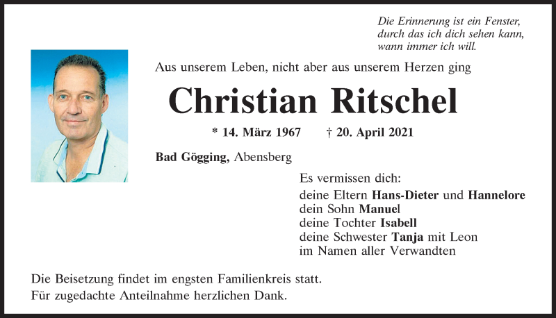  Traueranzeige für Christian Ritschel vom 24.04.2021 aus Mittelbayerische Zeitung Kelheim