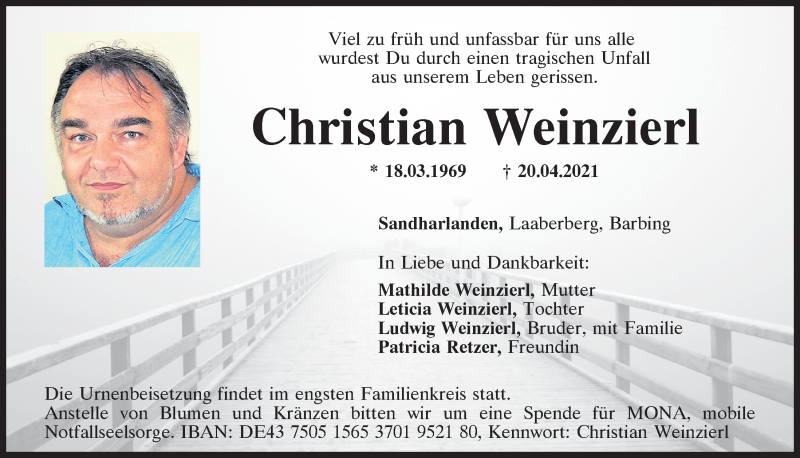  Traueranzeige für Christian Weinzierl vom 24.04.2021 aus Mittelbayerische Zeitung Kelheim