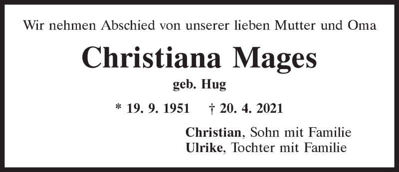  Traueranzeige für Christiana Mages vom 24.04.2021 aus Mittelbayerische Zeitung Regensburg