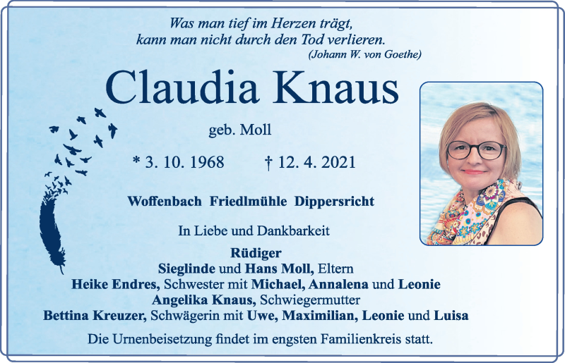  Traueranzeige für Claudia Knaus vom 15.04.2021 aus Neumarkter Tagblatt