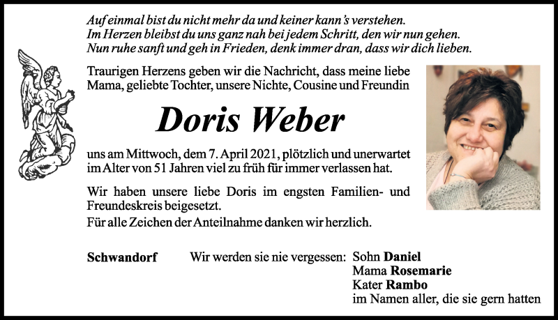  Traueranzeige für Doris Weber vom 14.04.2021 aus Mittelbayerische Zeitung Schwandorf