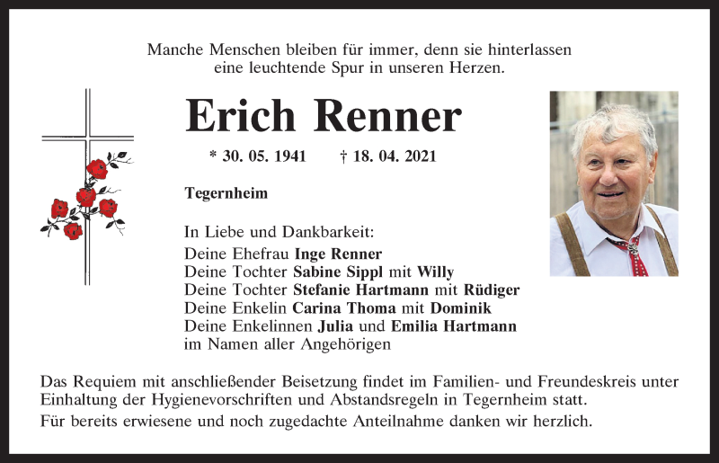  Traueranzeige für Erich Renner vom 24.04.2021 aus Mittelbayerische Zeitung Regensburg