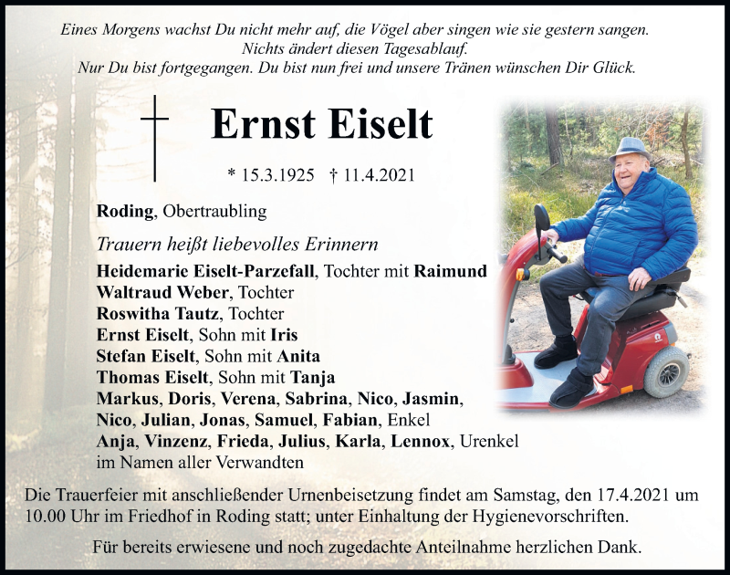  Traueranzeige für Ernst Eiselt vom 15.04.2021 aus Bayerwald Echo