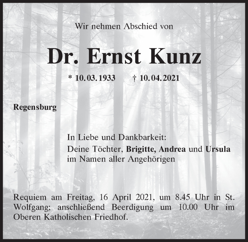  Traueranzeige für Ernst Kunz vom 14.04.2021 aus Mittelbayerische Zeitung Regensburg