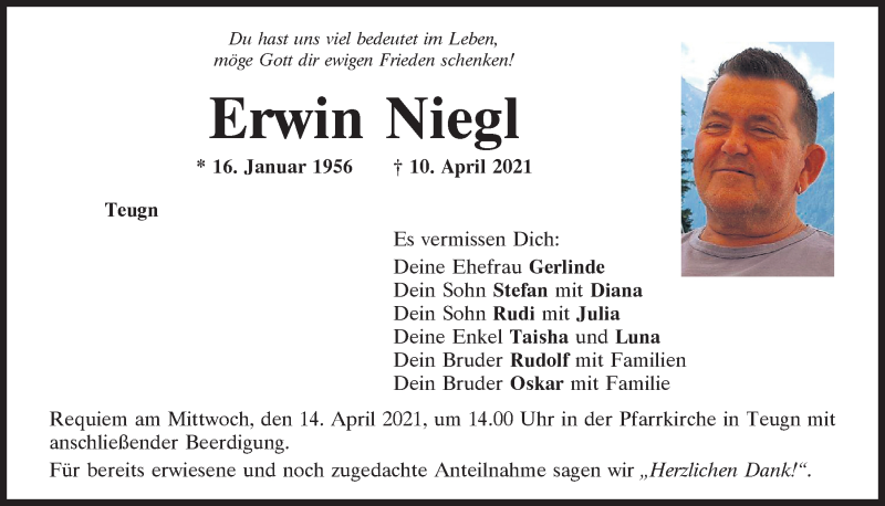  Traueranzeige für Erwin Niegl vom 12.04.2021 aus Mittelbayerische Zeitung Kelheim