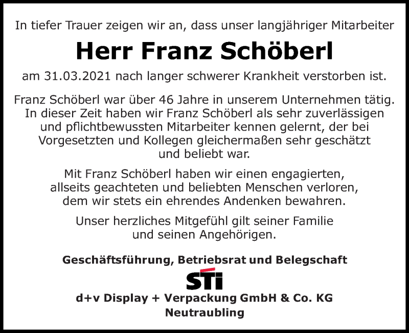  Traueranzeige für Franz Schöberl vom 03.04.2021 aus Mittelbayerische Zeitung Regensburg