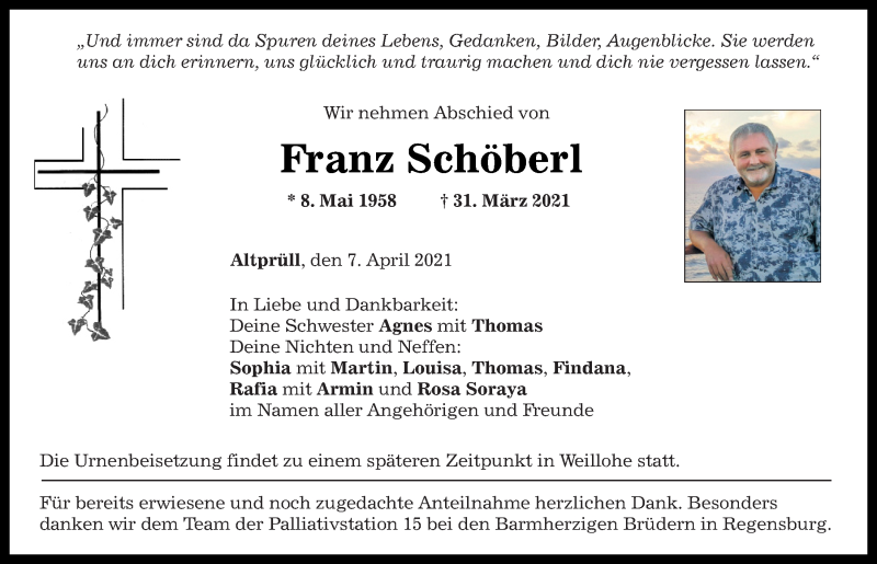  Traueranzeige für Franz Schöberl vom 07.04.2021 aus Mittelbayerische Zeitung Regensburg