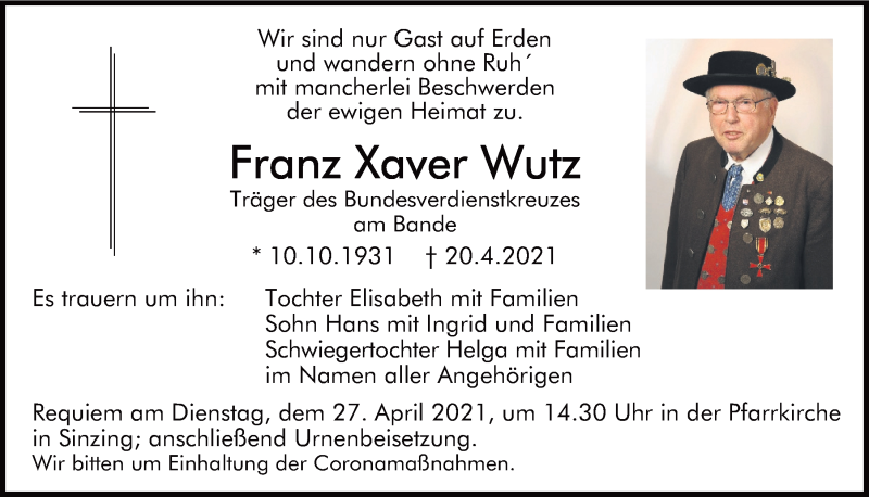  Traueranzeige für Franz Xaver Wutz vom 24.04.2021 aus Mittelbayerische Zeitung Gesamtausgabe