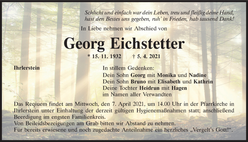 Traueranzeige für Georg Eichstetter vom 06.04.2021 aus Mittelbayerische Zeitung Kelheim
