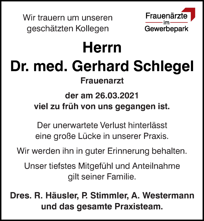 Traueranzeige für Gerhard Schlegel vom 03.04.2021 aus Mittelbayerische Zeitung Regensburg