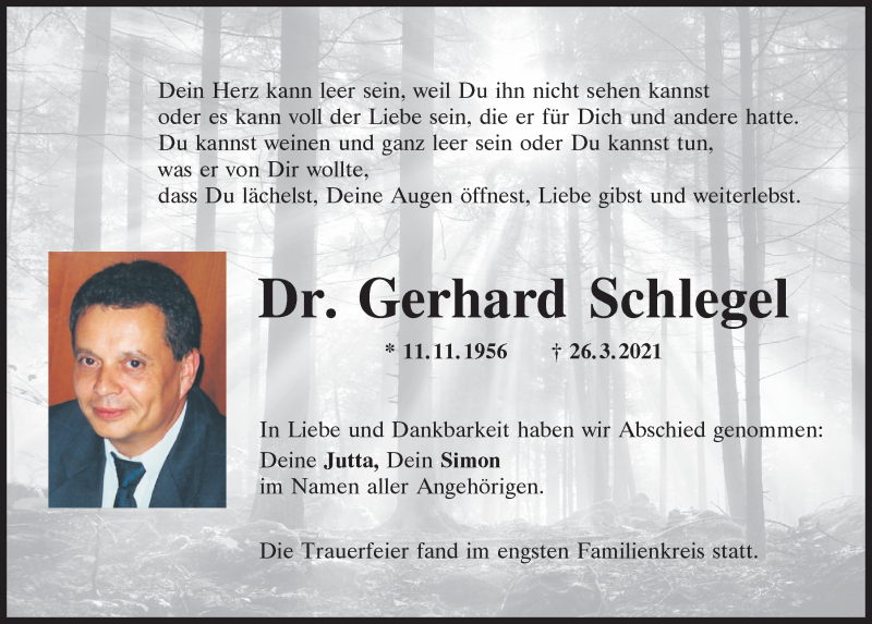  Traueranzeige für Gerhard Schlegel vom 03.04.2021 aus Mittelbayerische Zeitung Regensburg