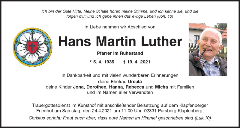  Traueranzeige für Hans Martin Luther vom 22.04.2021 aus Neumarkter Tagblatt