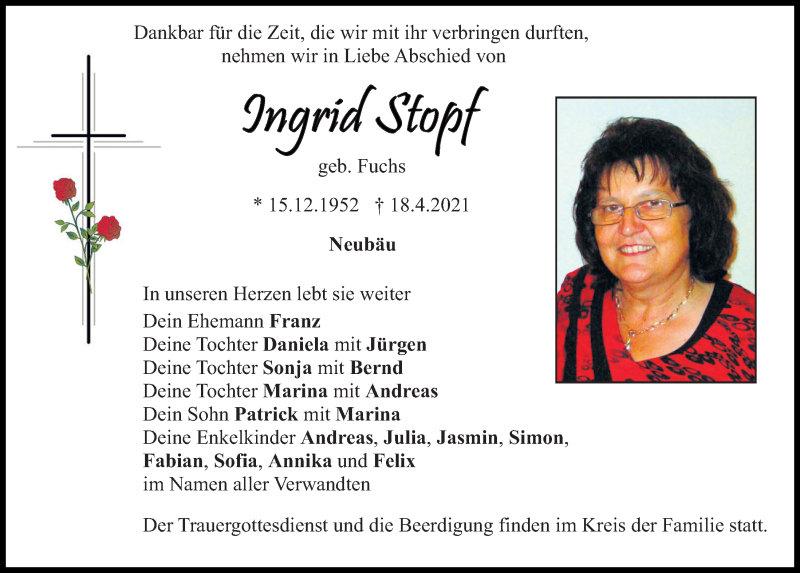  Traueranzeige für Ingrid Stopf vom 21.04.2021 aus Bayerwald Echo