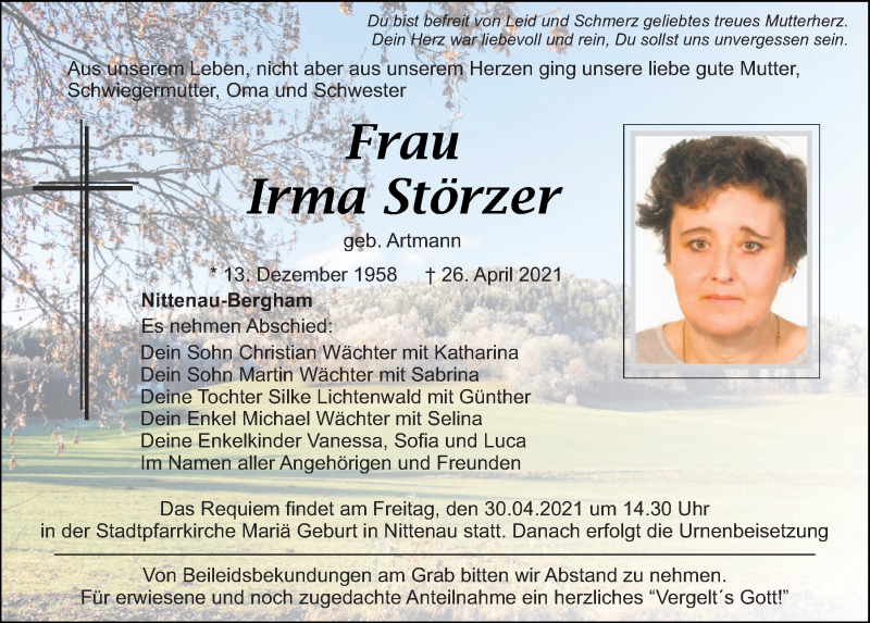  Traueranzeige für Irma Störzer vom 28.04.2021 aus Mittelbayerische Zeitung Schwandorf