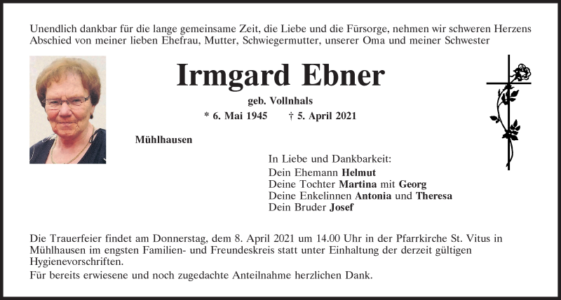  Traueranzeige für Irmgard Ebner vom 07.04.2021 aus Mittelbayerische Zeitung Kelheim