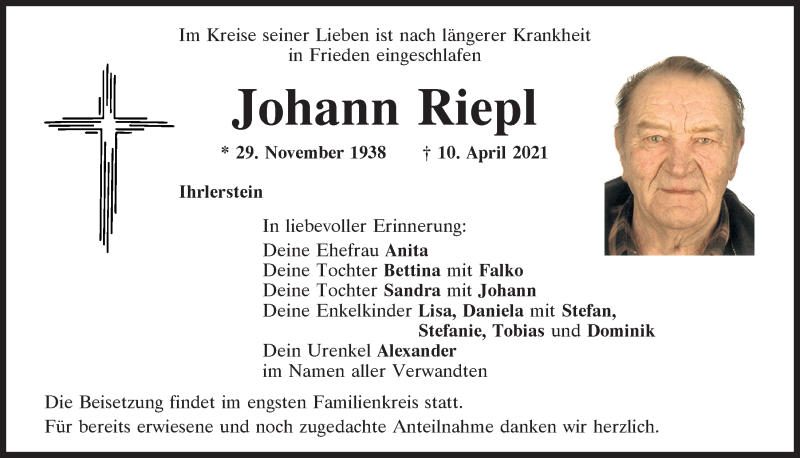  Traueranzeige für Johann Riepl vom 14.04.2021 aus Mittelbayerische Zeitung Kelheim