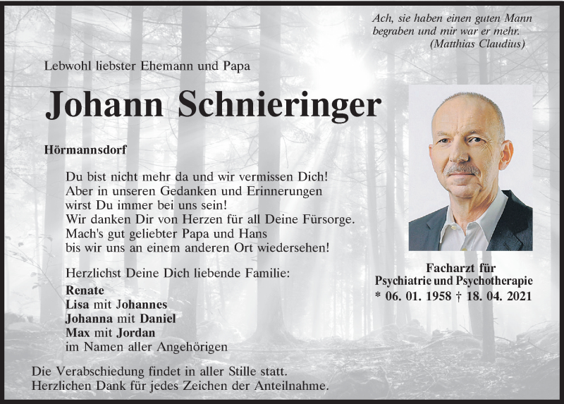  Traueranzeige für Johann Schnieringer vom 21.04.2021 aus Neumarkter Tagblatt