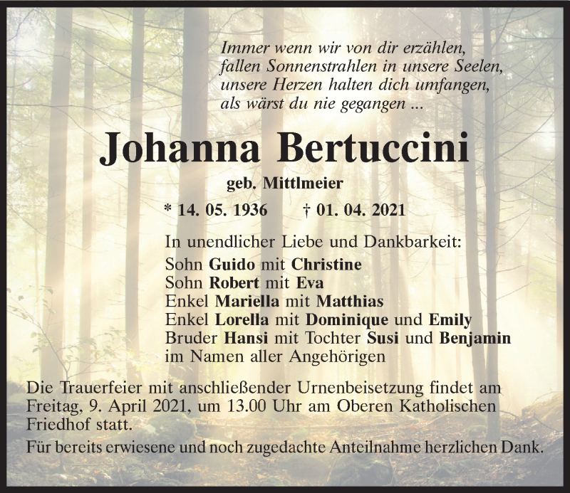  Traueranzeige für Johanna Bertuccini vom 07.04.2021 aus Mittelbayerische Zeitung Regensburg