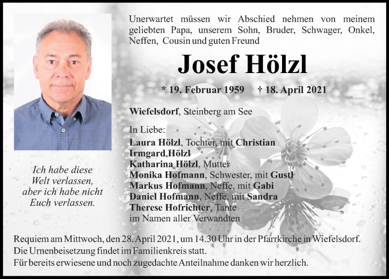  Traueranzeige für Josef Hölzl vom 24.04.2021 aus Mittelbayerische Zeitung Schwandorf