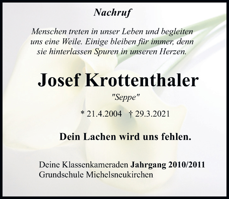  Traueranzeige für Josef Krottenthaler vom 07.04.2021 aus Bayerwald Echo