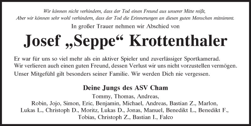  Traueranzeige für Josef Krottenthaler vom 08.04.2021 aus Bayerwald Echo