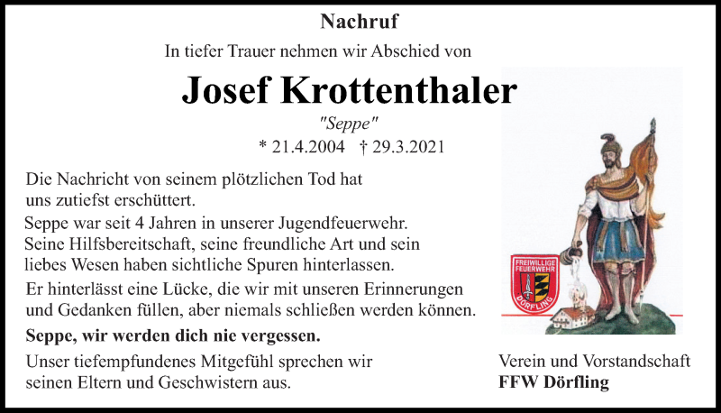  Traueranzeige für Josef Krottenthaler vom 07.04.2021 aus Bayerwald Echo