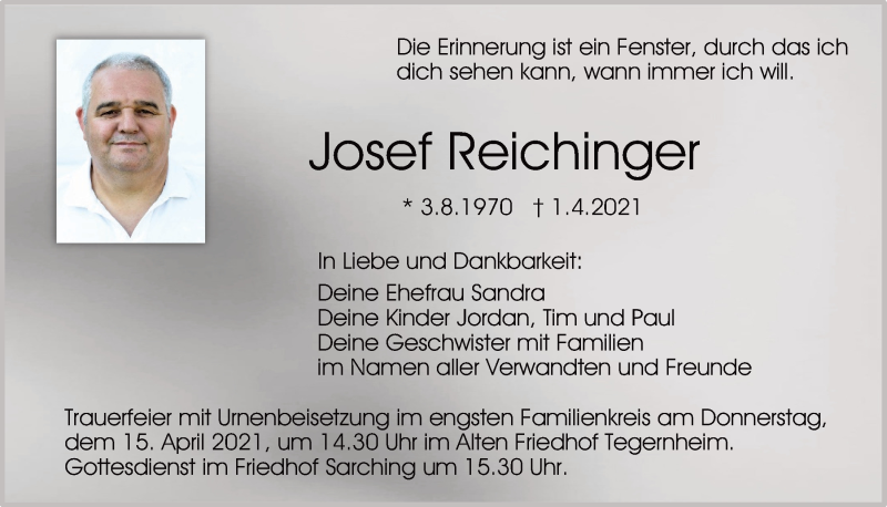  Traueranzeige für Josef Reichinger vom 10.04.2021 aus Mittelbayerische Zeitung Regensburg
