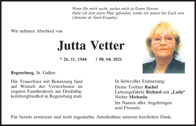  Traueranzeige für Jutta Vetter vom 21.04.2021 aus Mittelbayerische Zeitung Regensburg