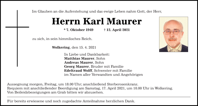  Traueranzeige für Karl Maurer vom 15.04.2021 aus Mittelbayerische Zeitung Regensburg
