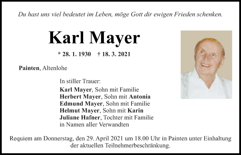  Traueranzeige für Karl Mayer vom 27.04.2021 aus Mittelbayerische Zeitung Kelheim