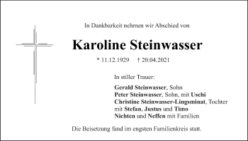 Traueranzeige von Karoline Steinwasser von Neumarkter Tagblatt