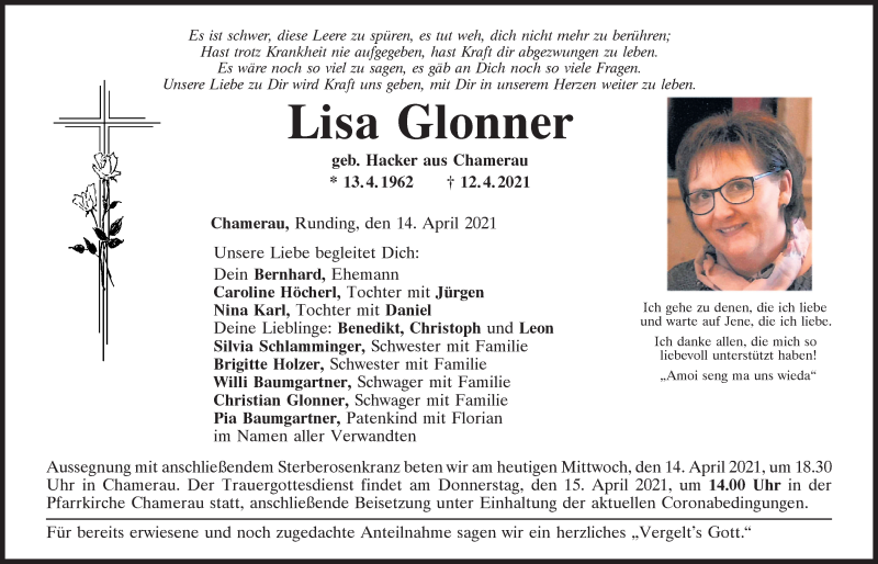  Traueranzeige für Lisa Glonner vom 14.04.2021 aus Bayerwald Echo
