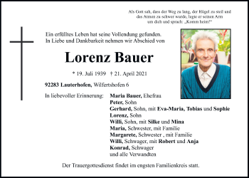 Traueranzeige von Lorenz Bauer von Neumarkter Tagblatt
