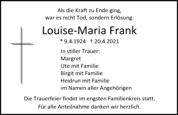 Traueranzeige von Louise-Maria Frank von Mittelbayerische Zeitung Regensburg