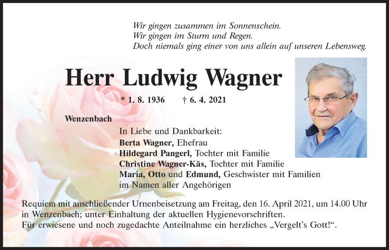  Traueranzeige für Ludwig Wagner vom 10.04.2021 aus Mittelbayerische Zeitung Regensburg