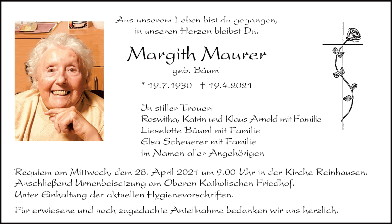  Traueranzeige für Margith Maurer vom 24.04.2021 aus Mittelbayerische Zeitung Regensburg