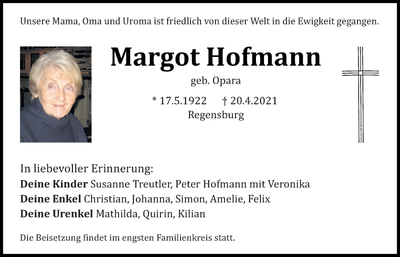  Traueranzeige für Margot Hofmann vom 28.04.2021 aus Mittelbayerische Zeitung Regensburg