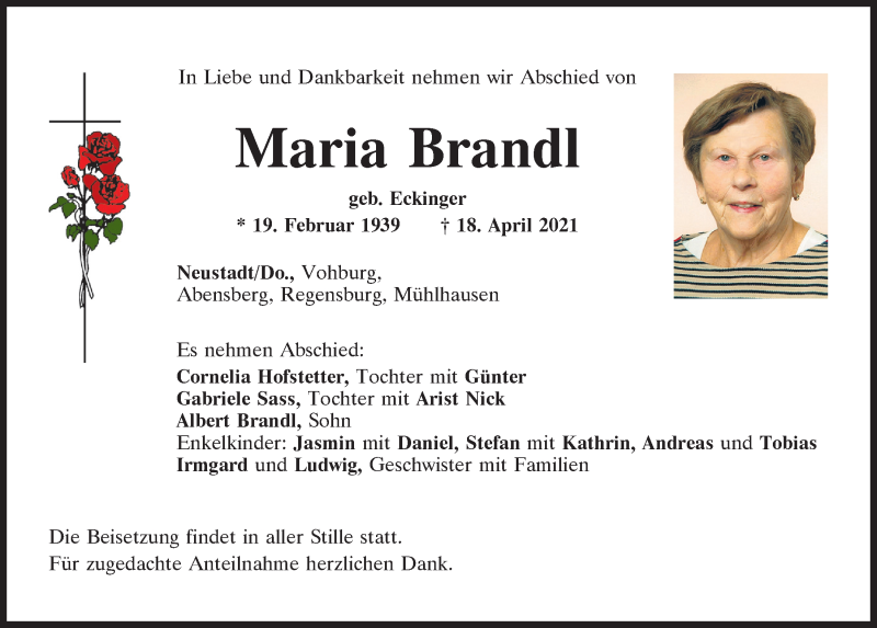  Traueranzeige für Maria Brandl vom 24.04.2021 aus Mittelbayerische Zeitung Kelheim