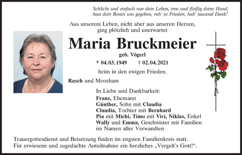 Traueranzeige für Maria Bruckmeier vom 07.04.2021 aus Neumarkter Tagblatt