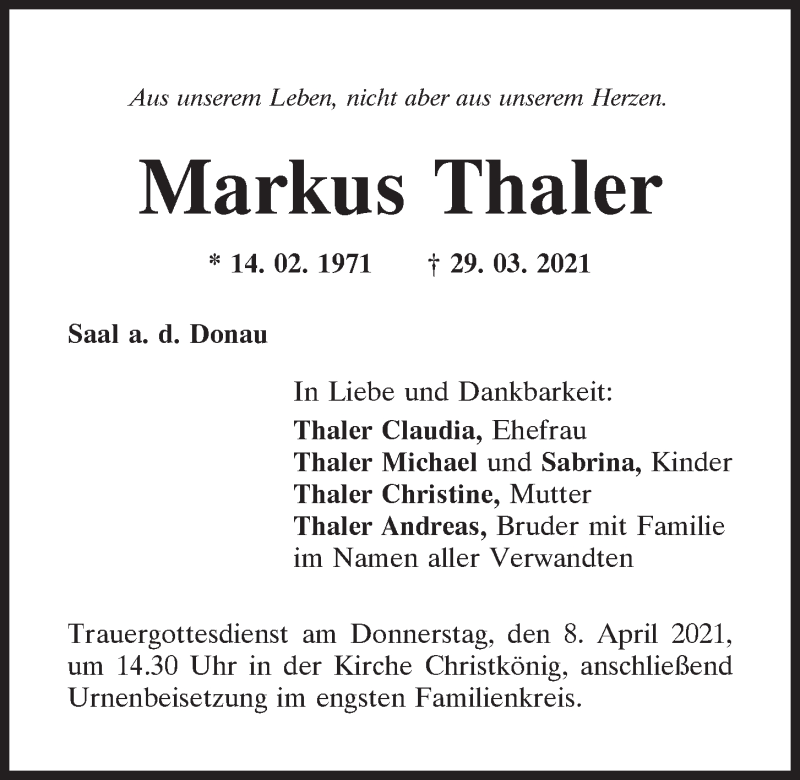  Traueranzeige für Markus Thaler vom 06.04.2021 aus Mittelbayerische Zeitung Kelheim