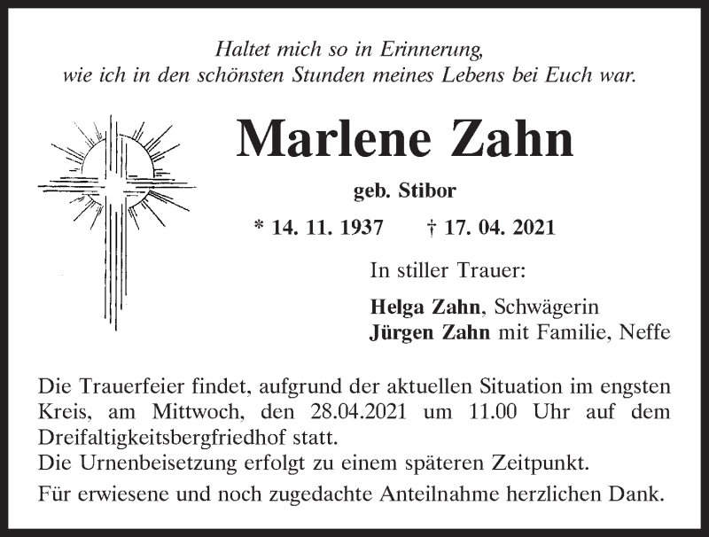  Traueranzeige für Marlene Zahn vom 24.04.2021 aus Mittelbayerische Zeitung Regensburg