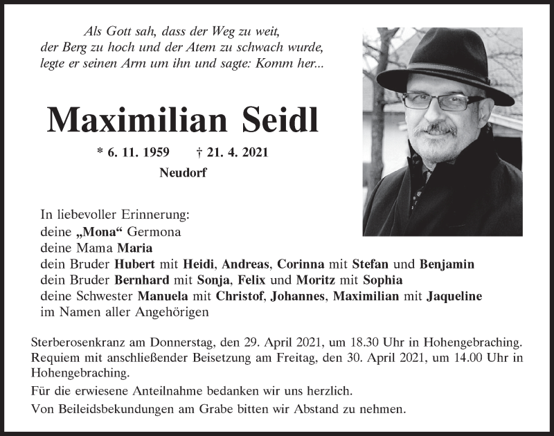  Traueranzeige für Maximilian Seidl vom 28.04.2021 aus Mittelbayerische Zeitung Regensburg