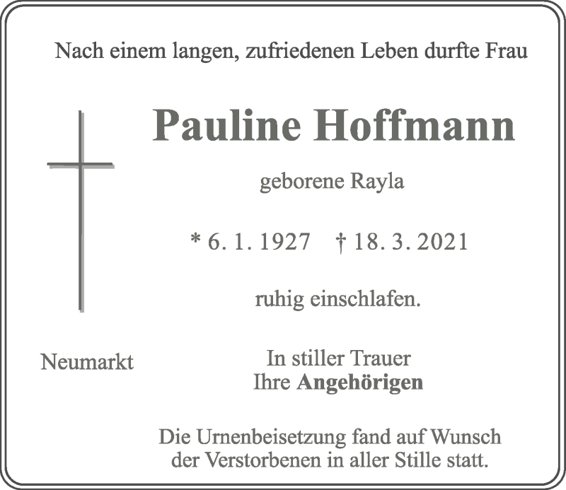  Traueranzeige für Pauline Hoffmann vom 17.04.2021 aus Mittelbayerische Zeitung