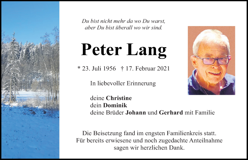  Traueranzeige für Peter Lang vom 10.04.2021 aus Neumarkter Tagblatt
