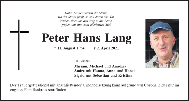  Traueranzeige für Peter Hans Lang vom 12.04.2021 aus Mittelbayerische Zeitung Kelheim