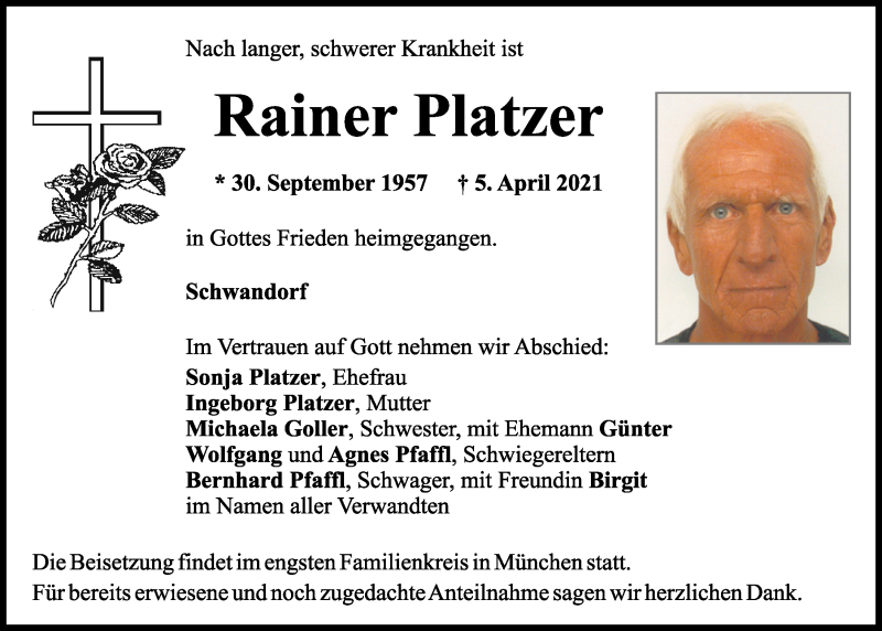  Traueranzeige für Rainer Platzer vom 08.04.2021 aus Mittelbayerische Zeitung Schwandorf