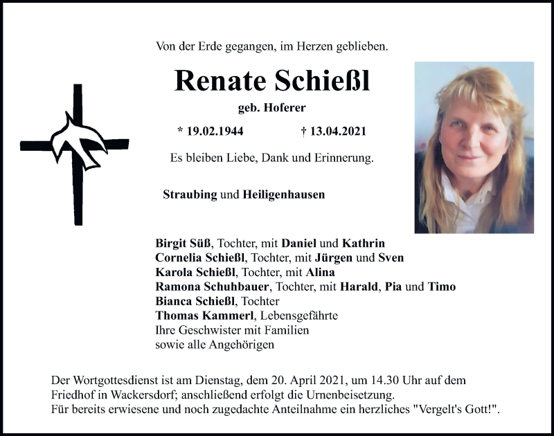  Traueranzeige für Renate Schießl vom 15.04.2021 aus Mittelbayerische Zeitung Schwandorf