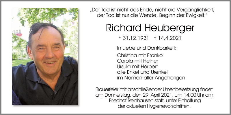 Traueranzeigen von Richard Heuberger Mittelbayerische Trauer