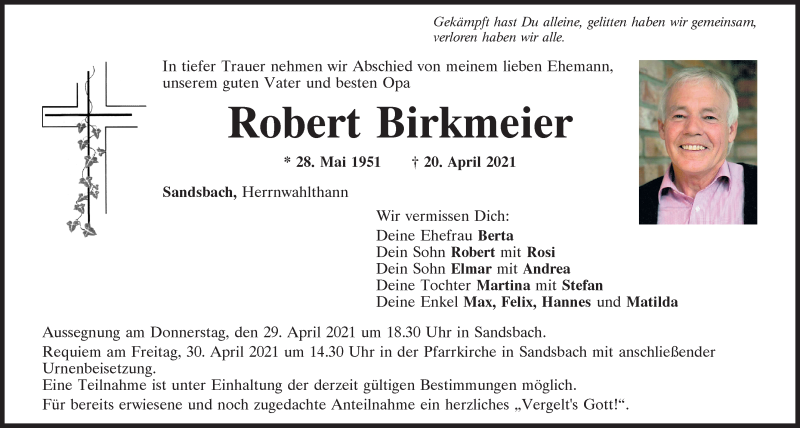  Traueranzeige für Robert Birkmeier vom 24.04.2021 aus Mittelbayerische Zeitung Kelheim